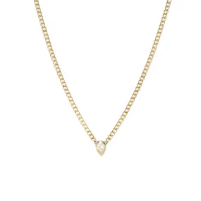 14k Extra Small Curb Chain Pear Diamond Bezel Necklace