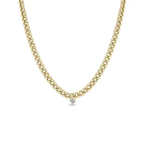 14k Large Prong Diamond Medium Curb Chain Necklace