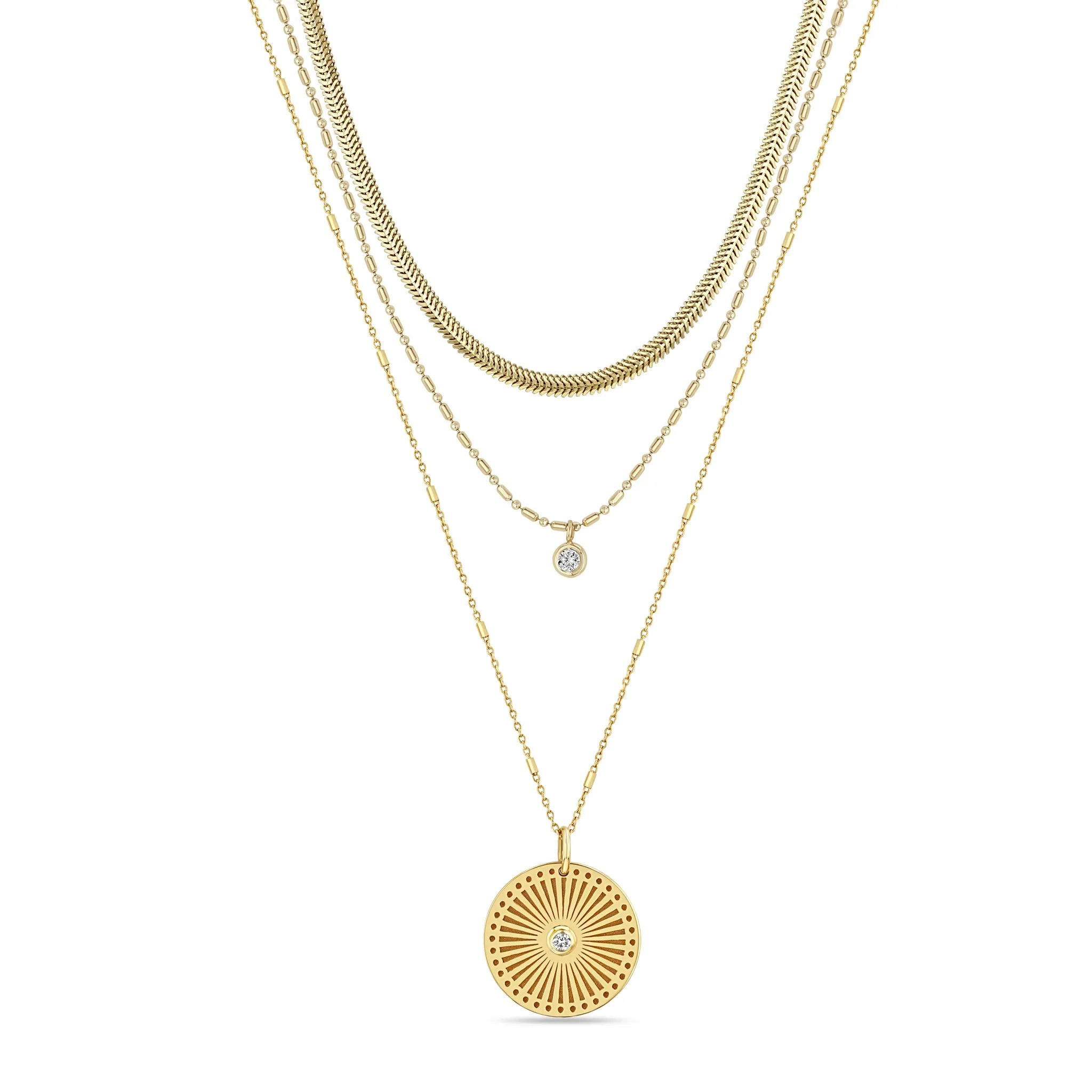 14k Sunbeam Medallion Necklace Layering Set