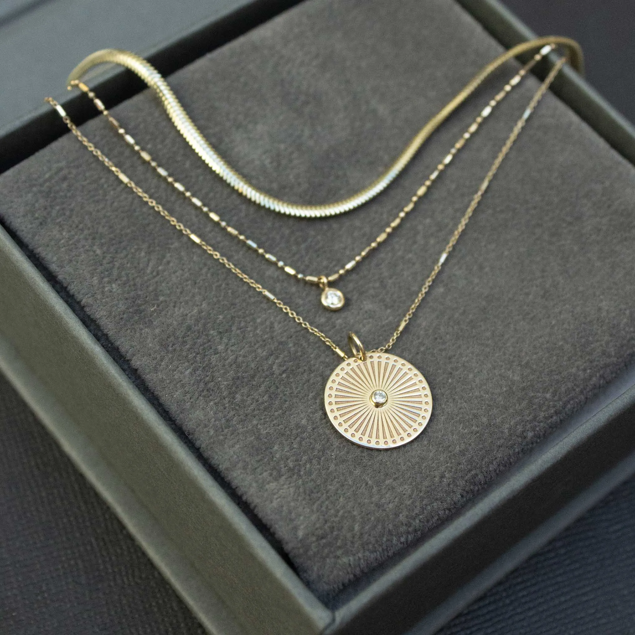 14k Sunbeam Medallion Necklace Layering Set