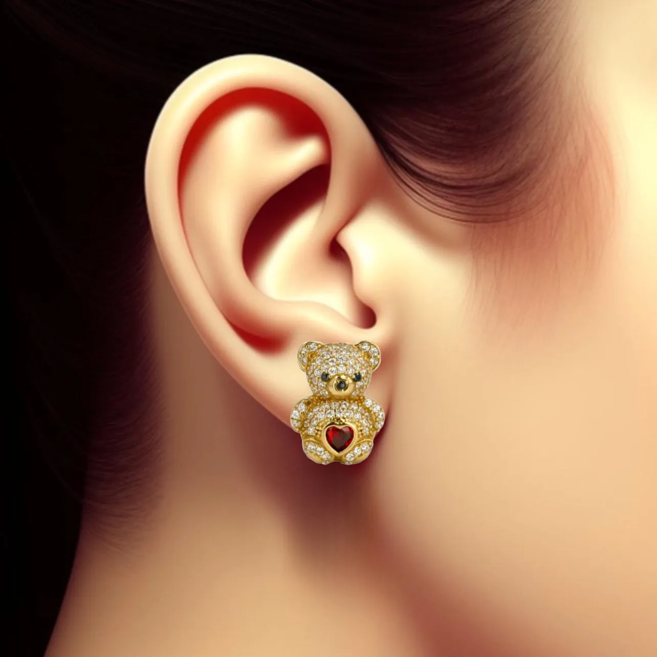 14k yellow gold big red Teddy bear earrings