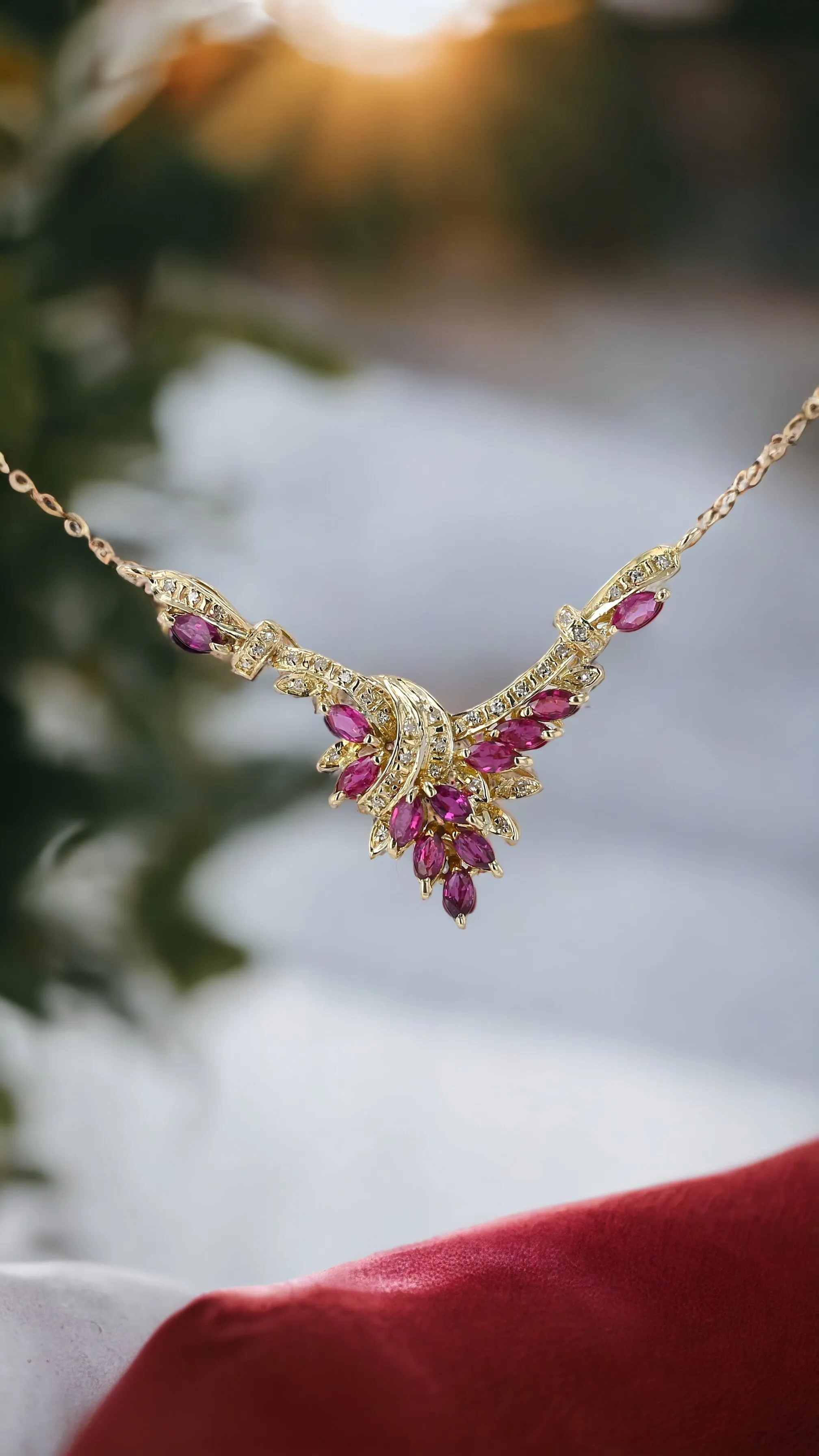 14K Yellow gold bypass ruby and diamonds pendant