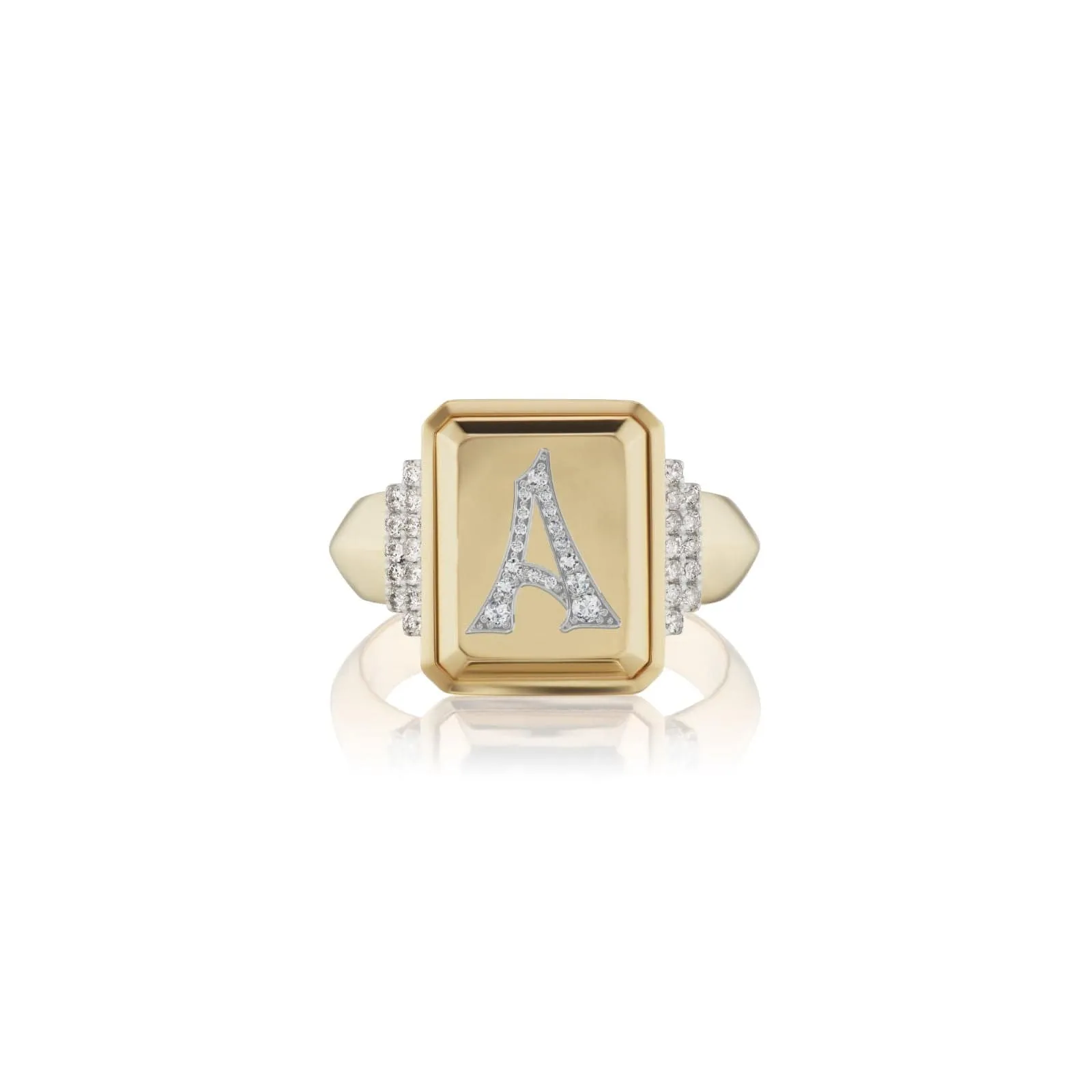 18K Yellow Gold Pave Initial A Signet Ring