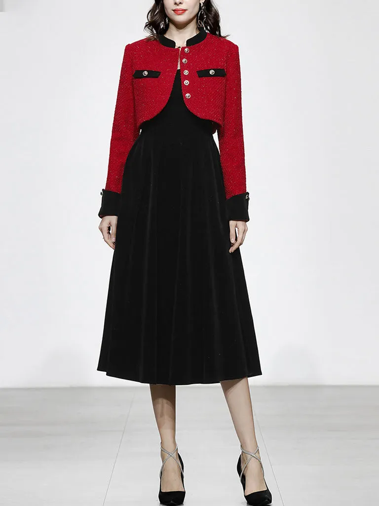 2PS Red Tweed Jacket Coat And Black Velvet Dress Set