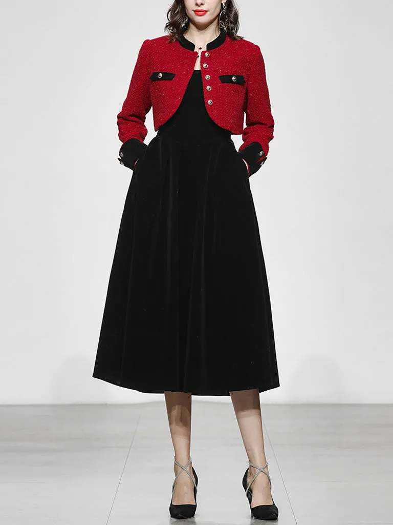 2PS Red Tweed Jacket Coat And Black Velvet Dress Set