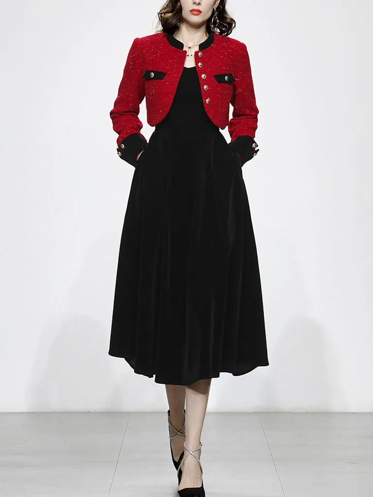 2PS Red Tweed Jacket Coat And Black Velvet Dress Set