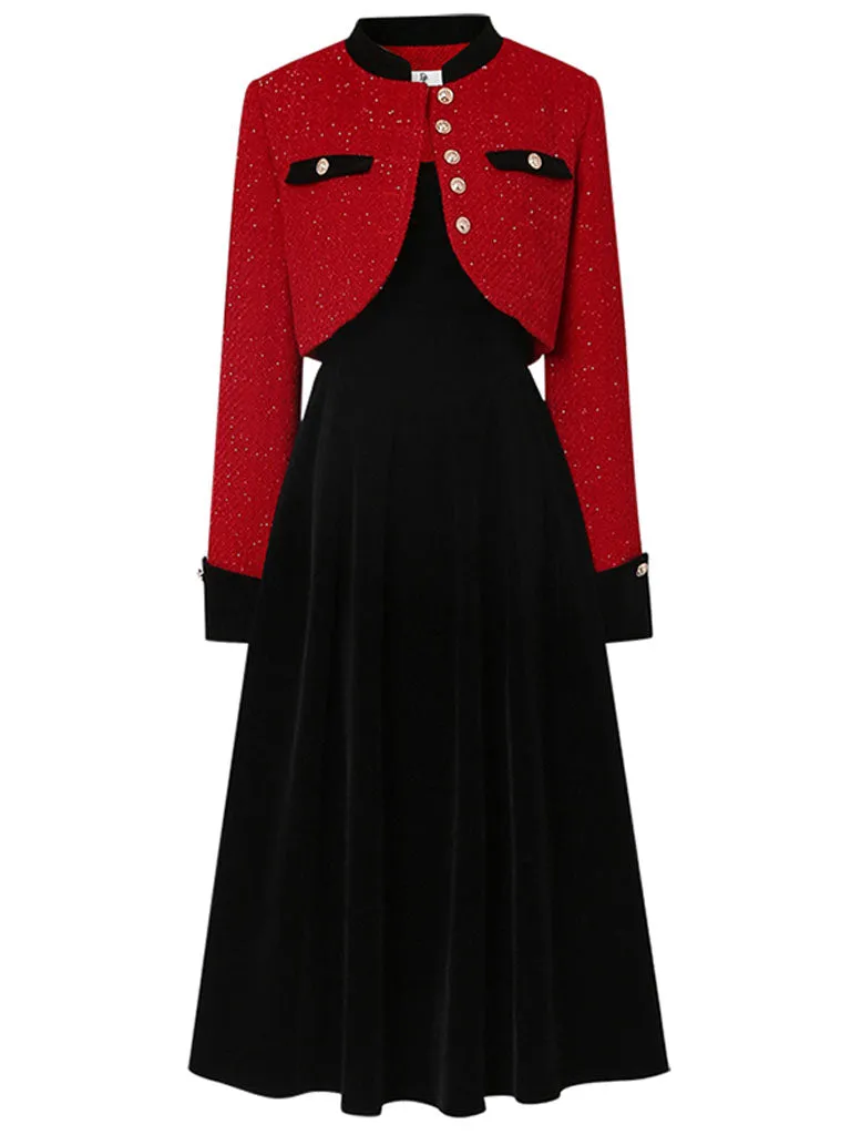 2PS Red Tweed Jacket Coat And Black Velvet Dress Set