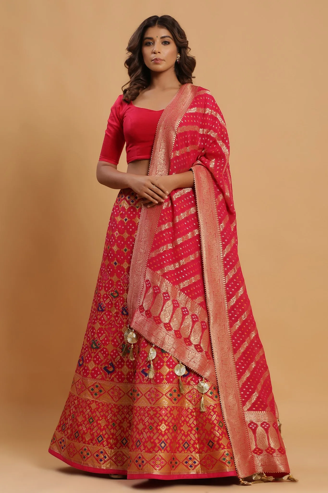 30Z222F-RO Orange Printed Silk Lehenga Set