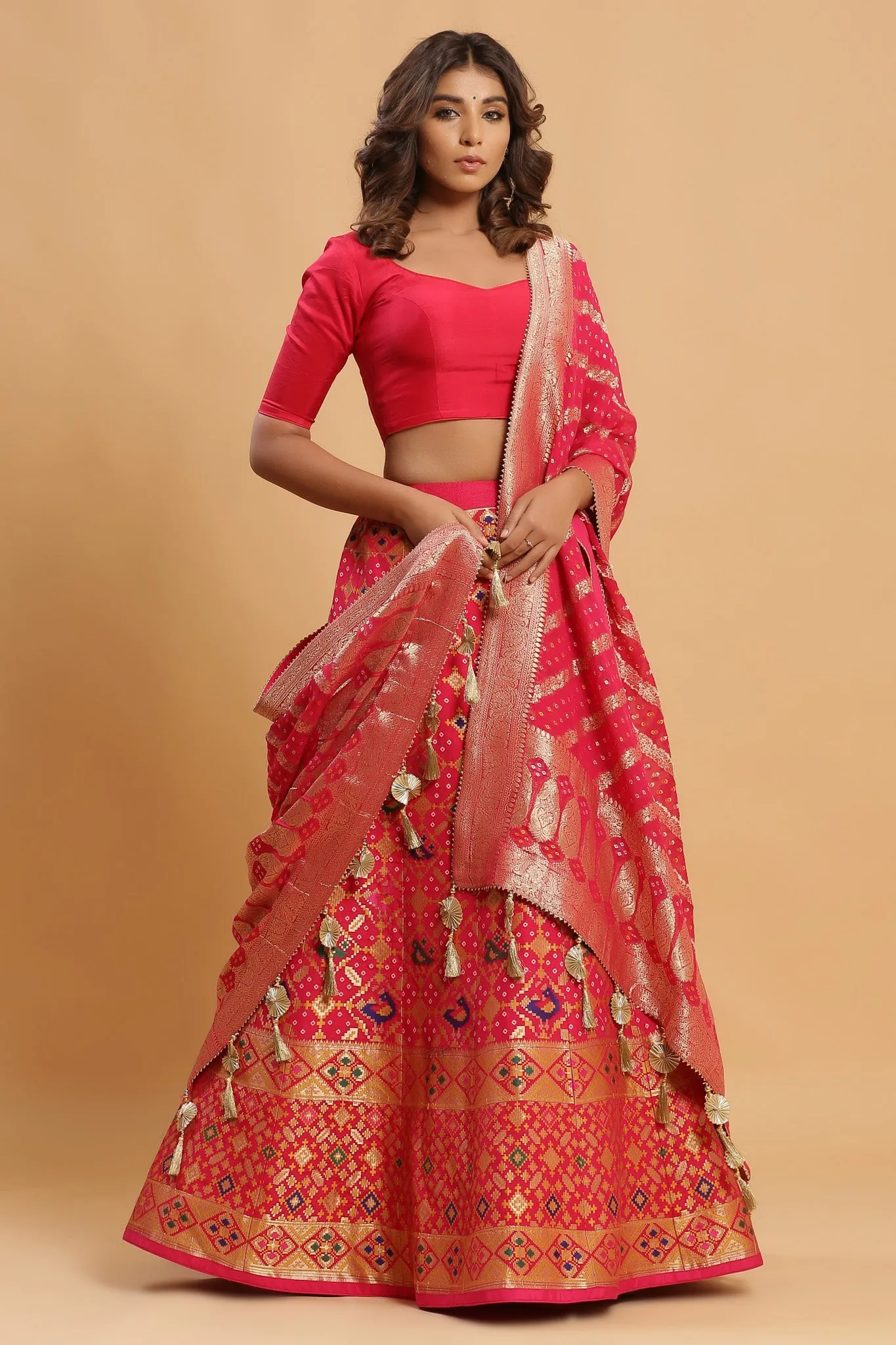 30Z222F-RO Orange Printed Silk Lehenga Set