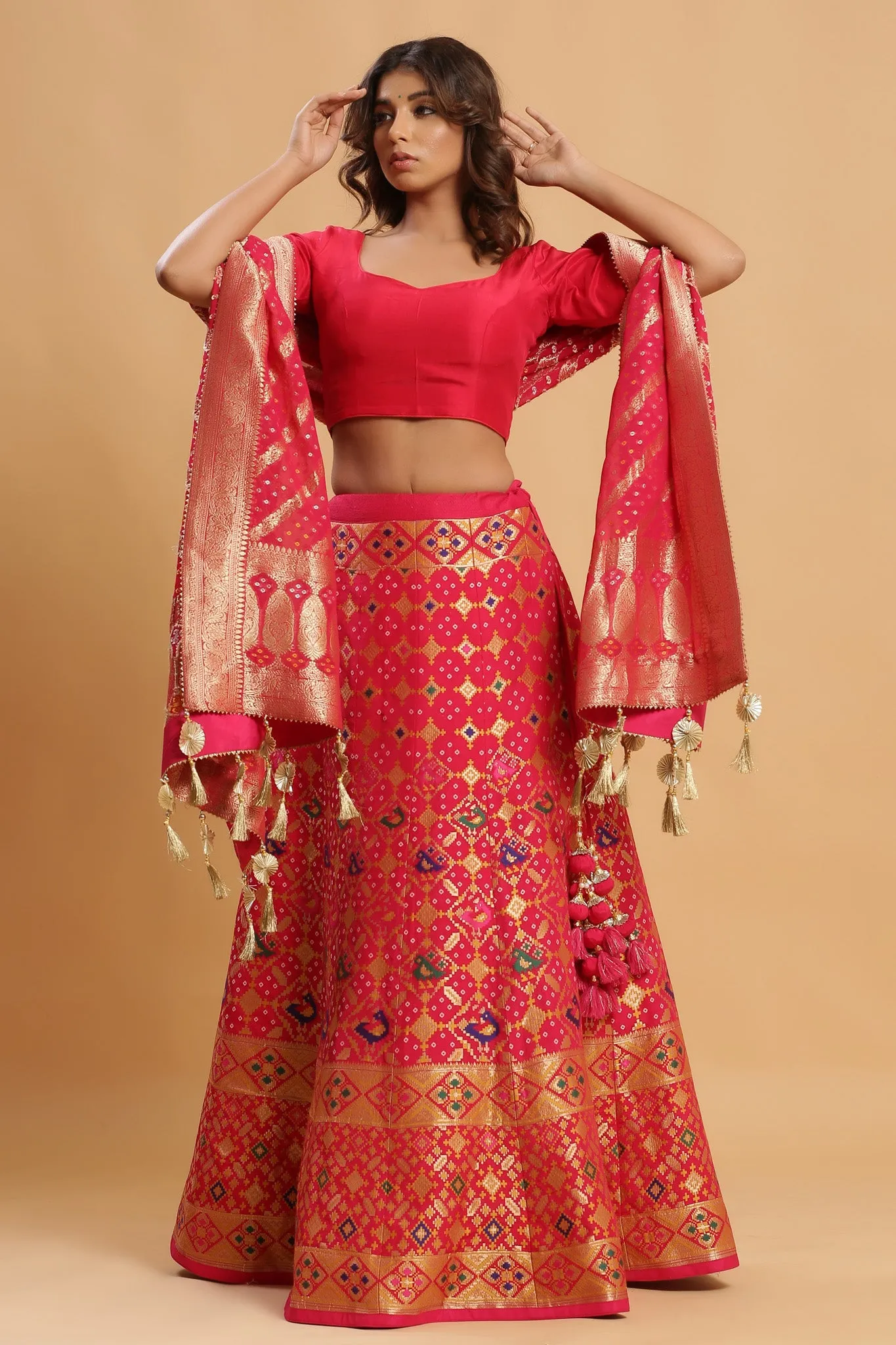 30Z222F-RO Orange Printed Silk Lehenga Set