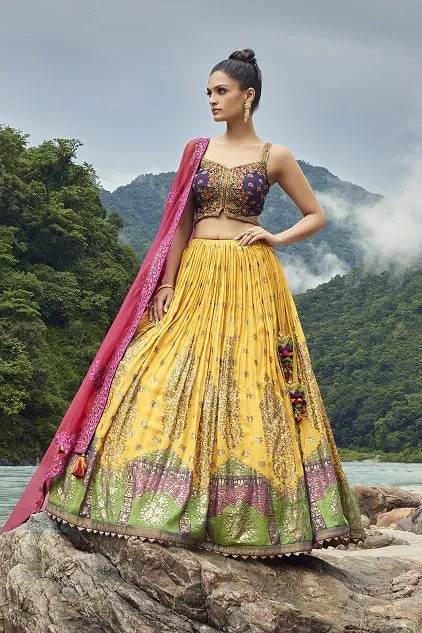 30Z277-RO Yellow - Purple Georgette Lehenga with Pink Dupatta