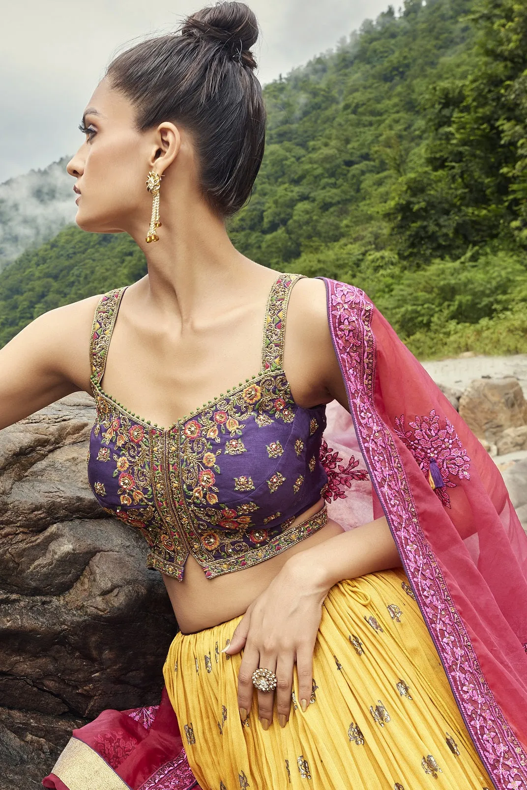 30Z277-RO Yellow - Purple Georgette Lehenga with Pink Dupatta