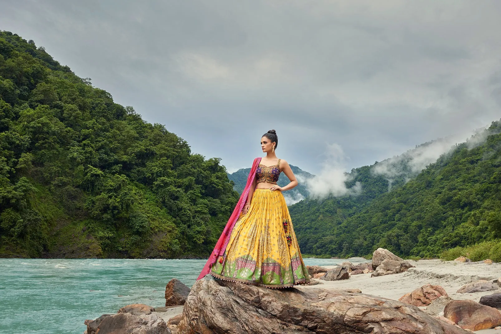 30Z277-RO Yellow - Purple Georgette Lehenga with Pink Dupatta