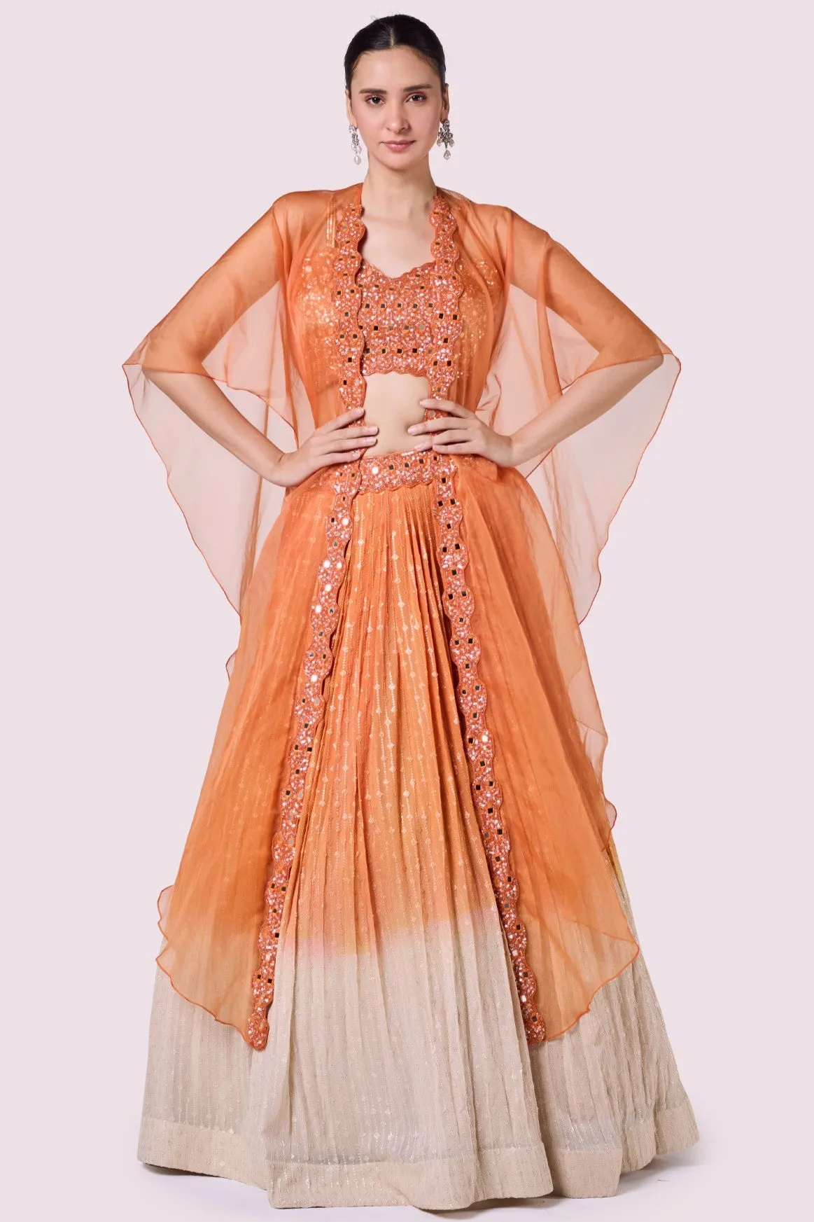 30Z361-RO Orange Embellished Chikan Lehenga with Dupatta