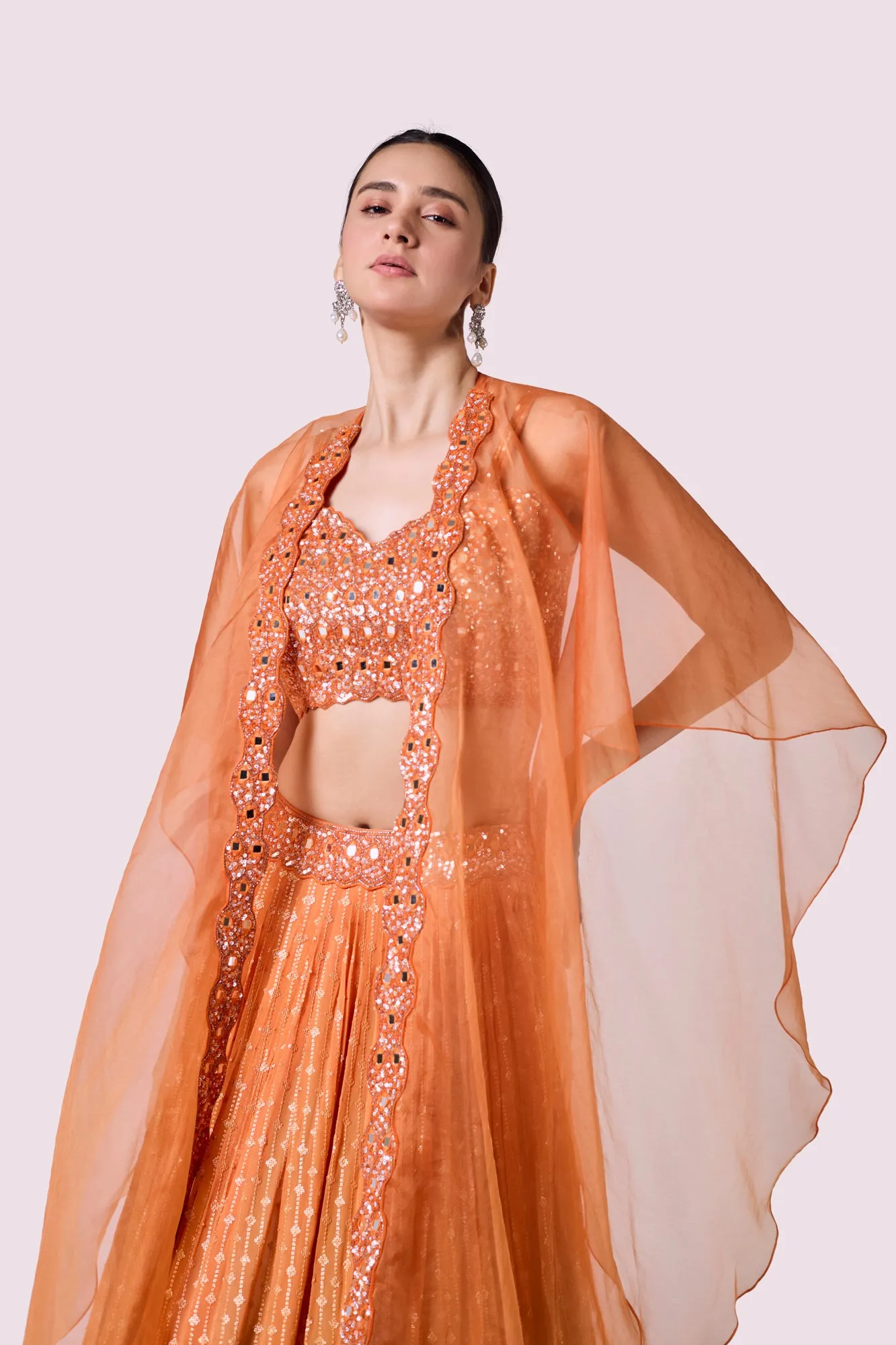 30Z361-RO Orange Embellished Chikan Lehenga with Dupatta