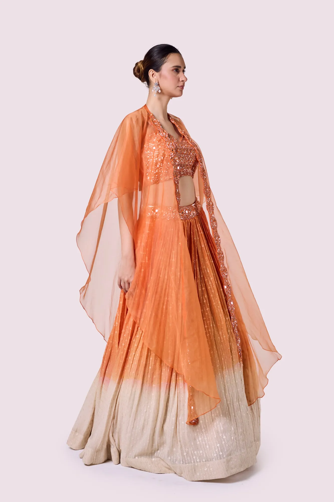 30Z361-RO Orange Embellished Chikan Lehenga with Dupatta