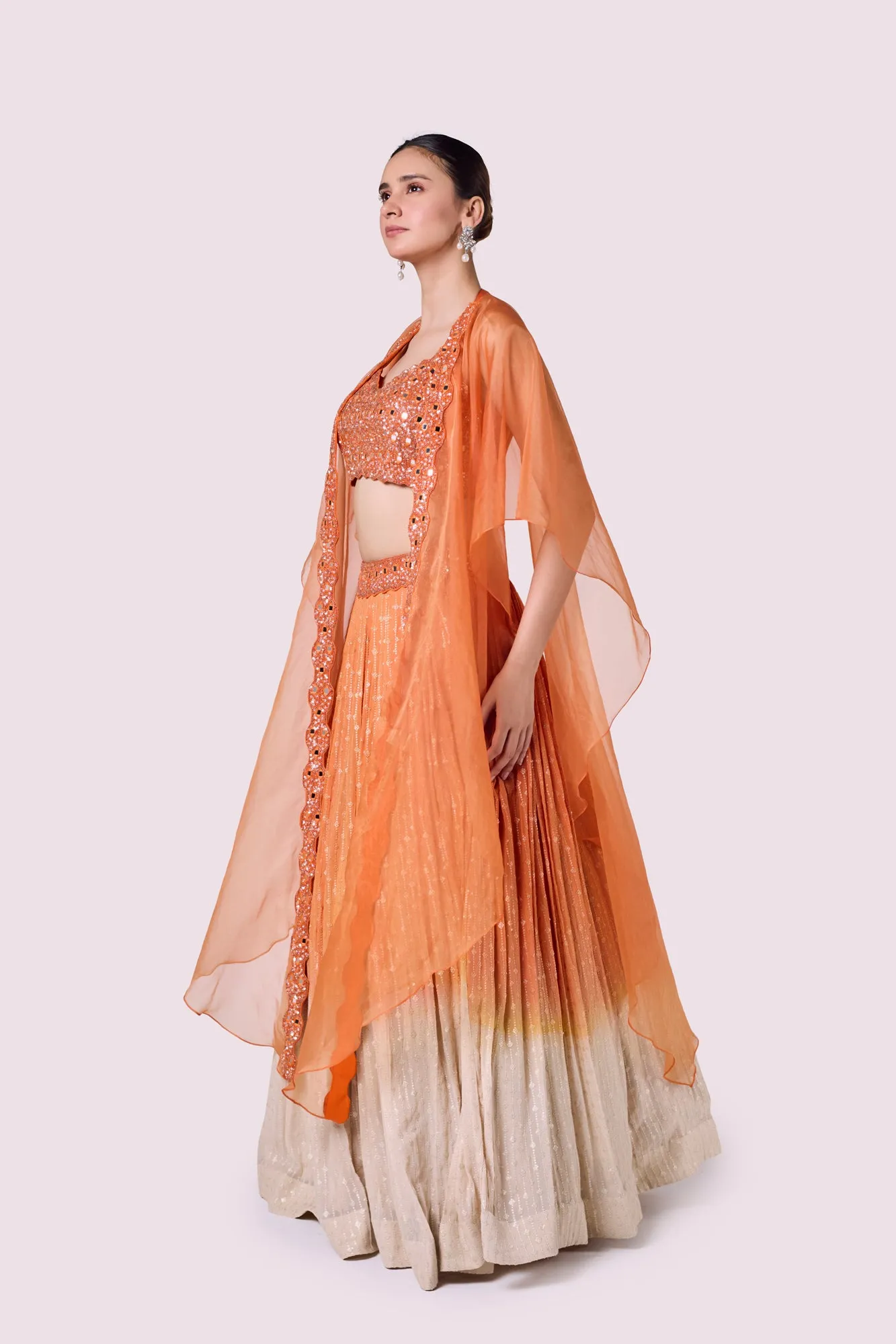 30Z361-RO Orange Embellished Chikan Lehenga with Dupatta