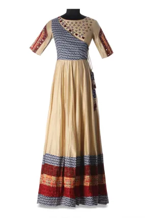 50Z184-RO Beige Embroidered Chanderi Angrakha Anarkali