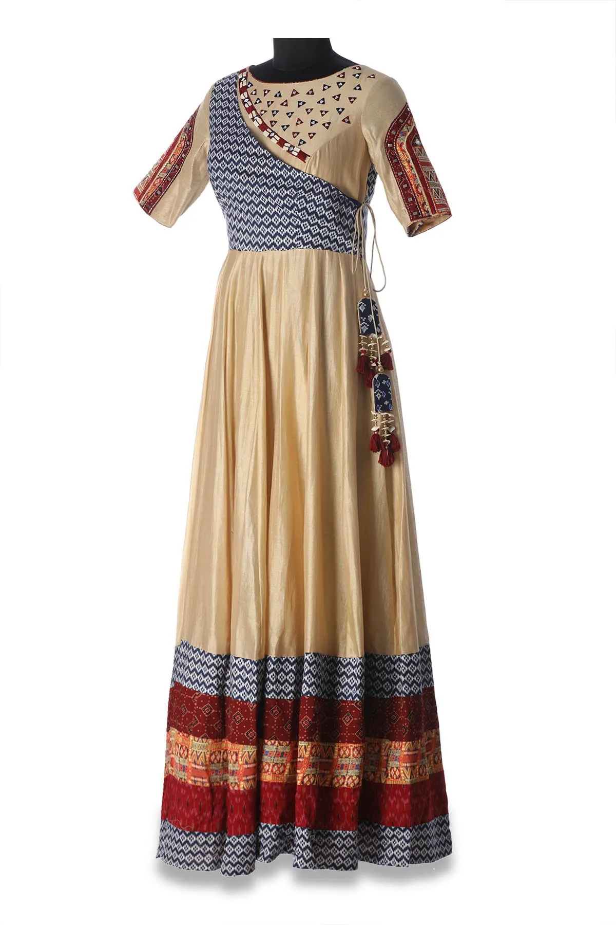 50Z184-RO Beige Embroidered Chanderi Angrakha Anarkali