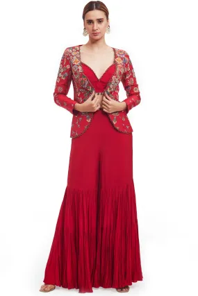 50Z946-RO Red Silk Gharara Set with Embroidered Silk Jacket