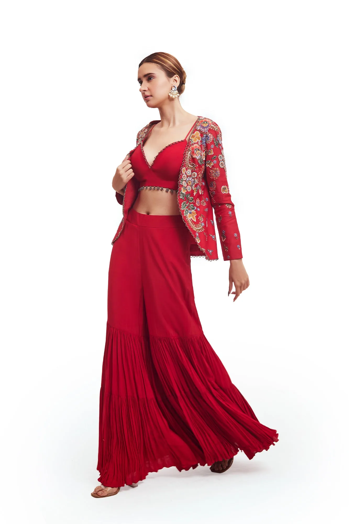 50Z946-RO Red Silk Gharara Set with Embroidered Silk Jacket