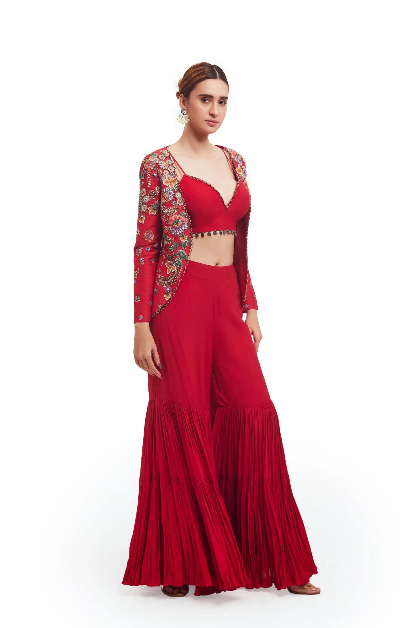 50Z946-RO Red Silk Gharara Set with Embroidered Silk Jacket