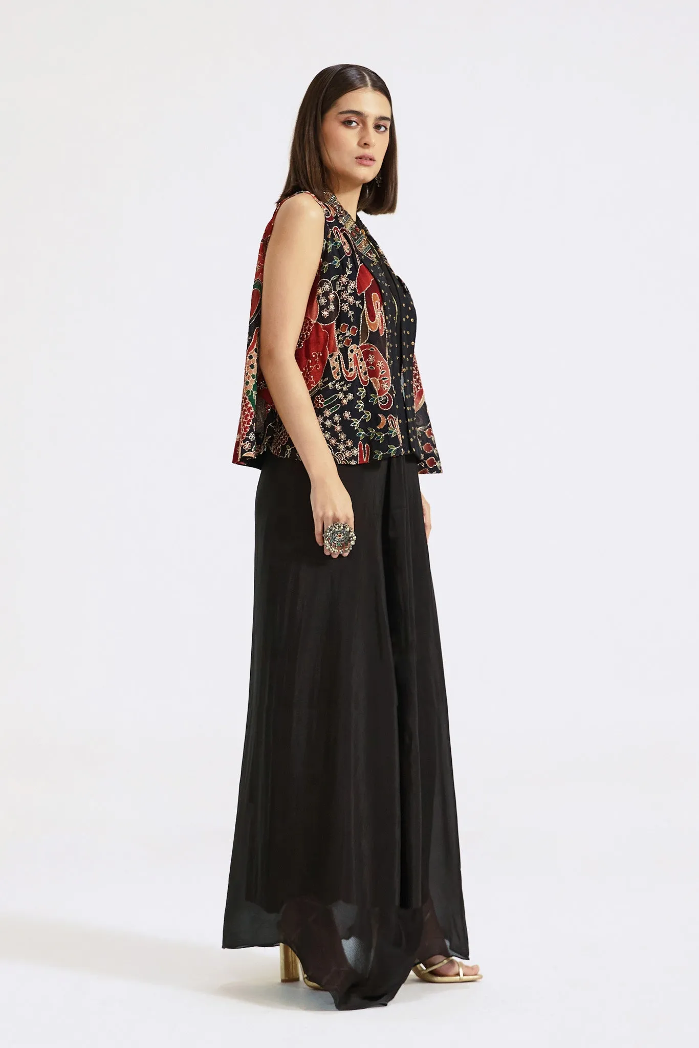 51Z013-RO Black Chinnon Gown With Embroidered Jacket