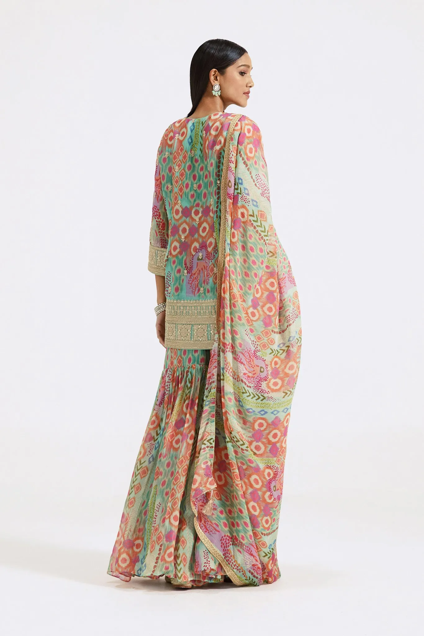 51Z044-RO Multicolor Printed Embroidered Organza Sharara Set