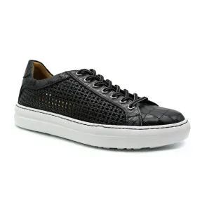 65-205-BLK VENTO Calfskin Side Weave & Embossed Crocodile Sneaker, Black