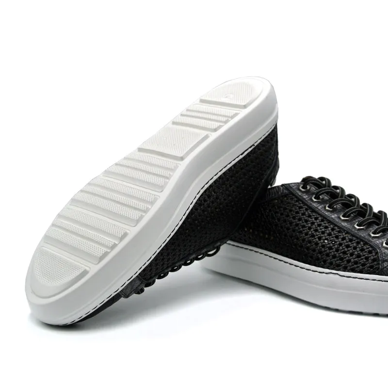 65-205-BLK VENTO Calfskin Side Weave & Embossed Crocodile Sneaker, Black