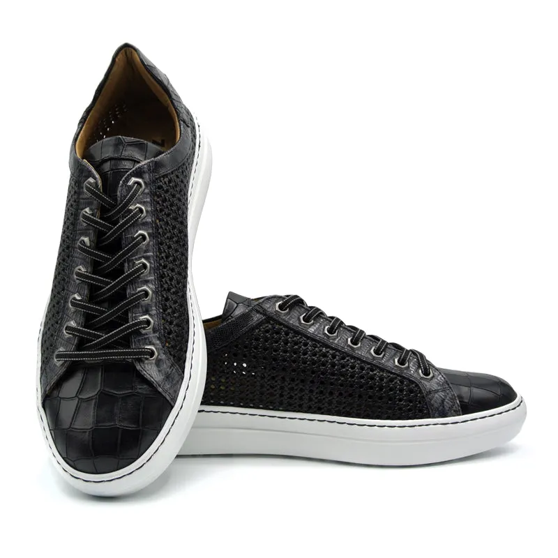 65-205-BLK VENTO Calfskin Side Weave & Embossed Crocodile Sneaker, Black