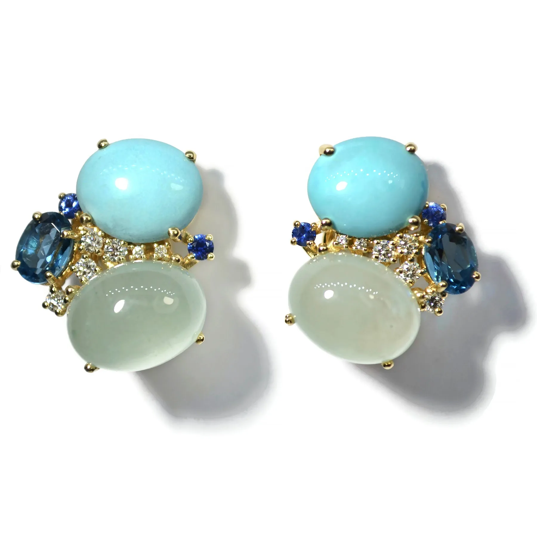 A & Furst - Bonbon - Cluster Earrings with Chalcedony, Turquoise, London Blue Topaz, Sapphires and Diamonds, 18k Yellow Gold