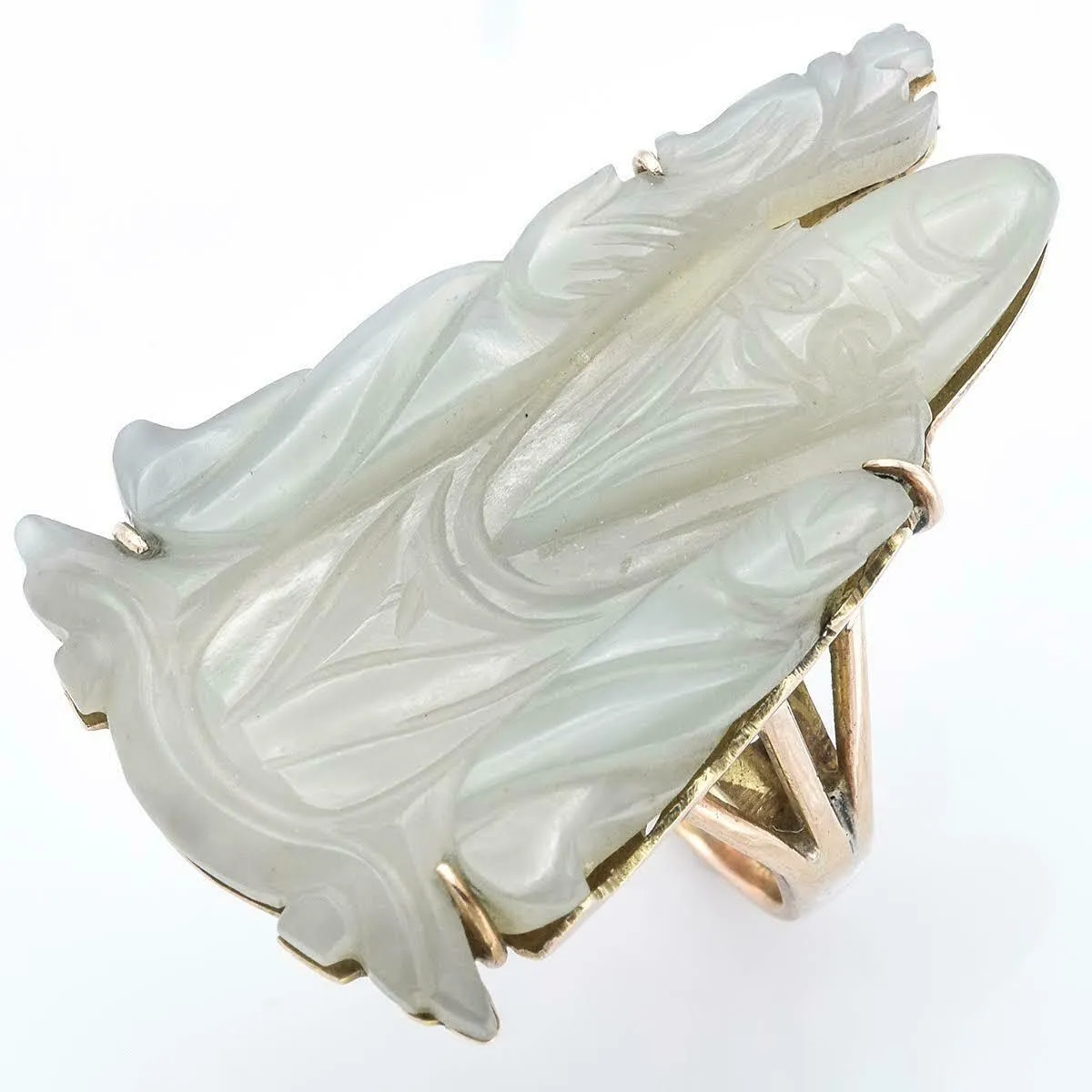 Antique 14K Yellow Gold Carved Shou Pale Green Jade Ring