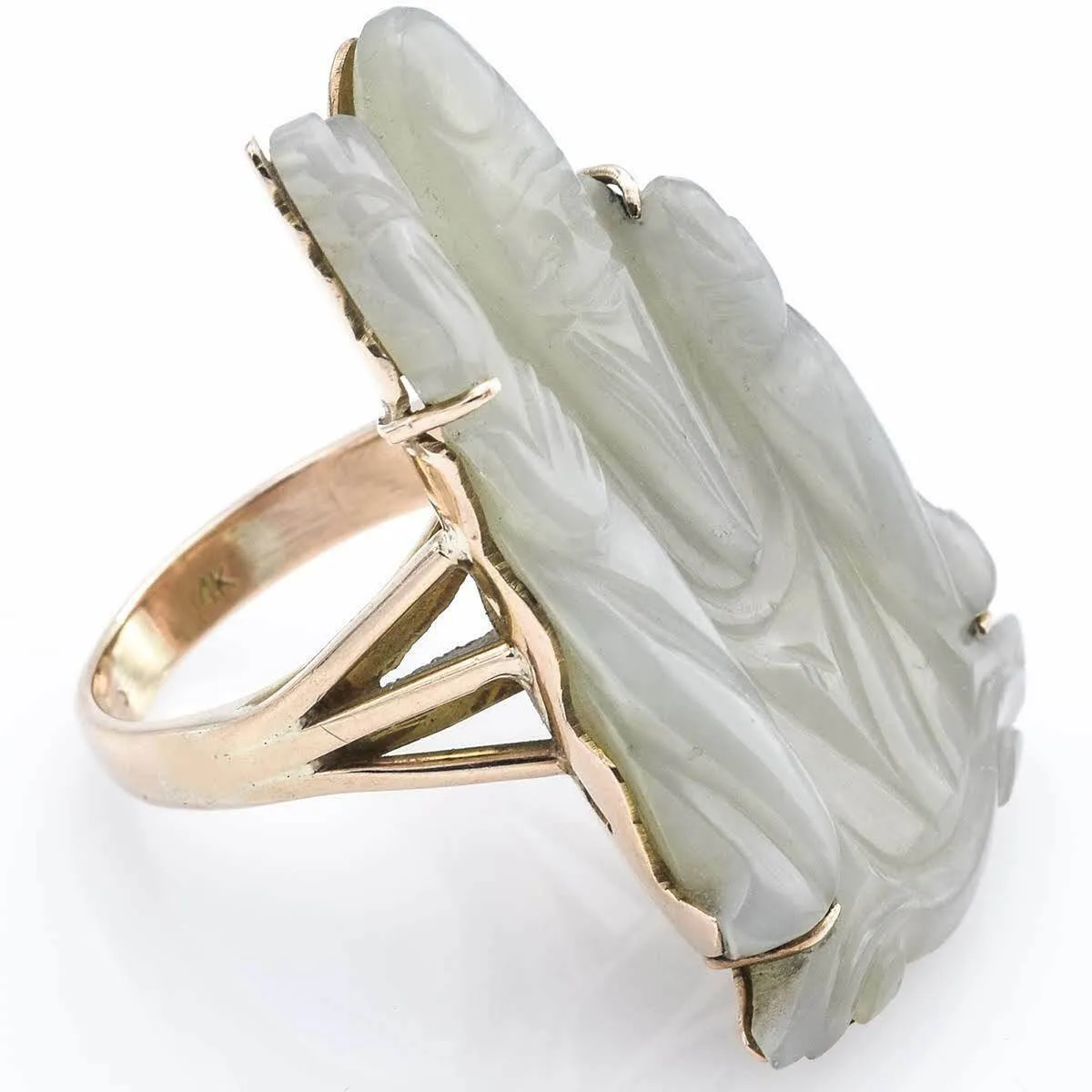 Antique 14K Yellow Gold Carved Shou Pale Green Jade Ring