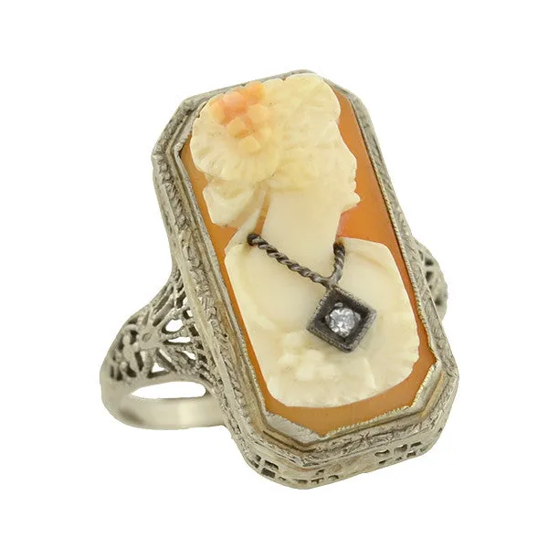 Art Deco 14kt Diamond Carved Cameo Ring