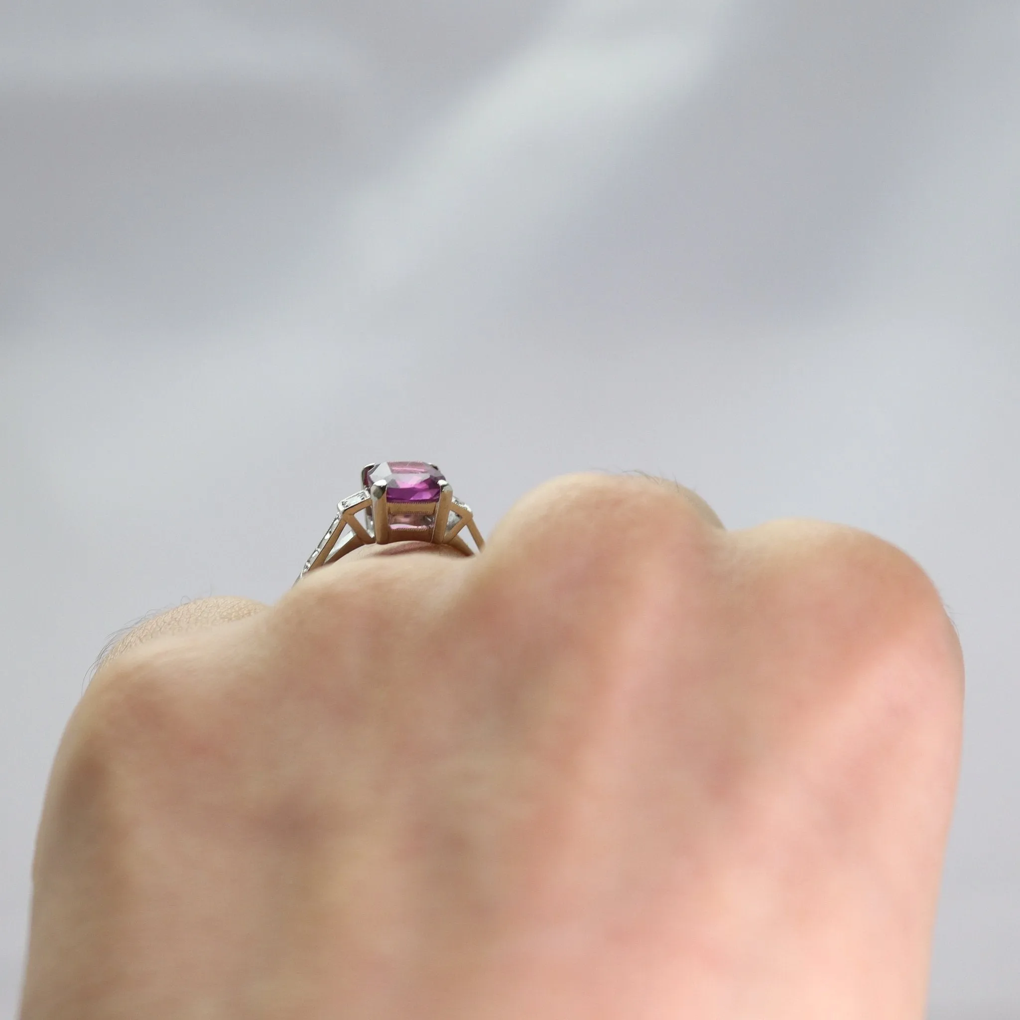 Art Deco Pink Sapphire and Diamond Solitaire Ring