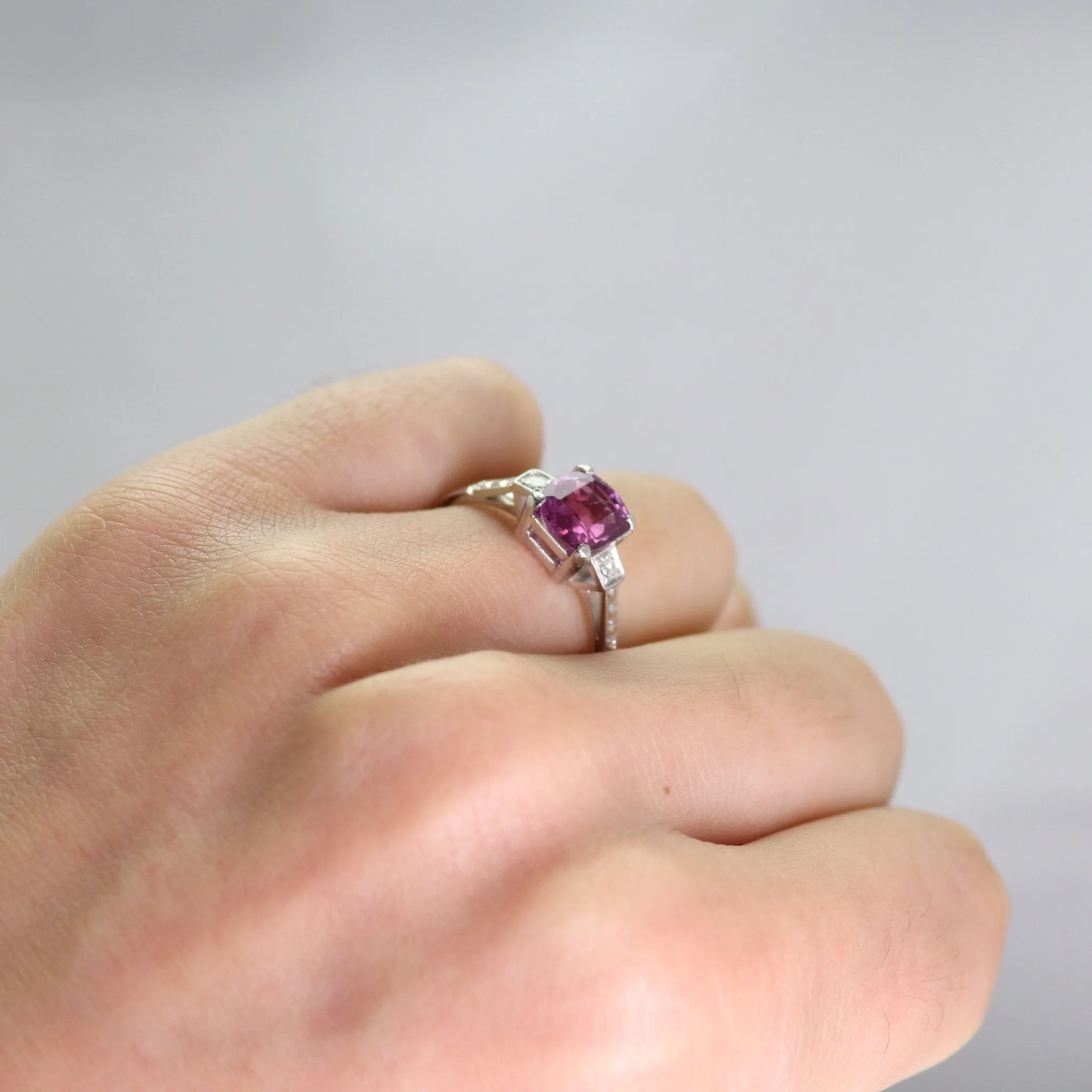 Art Deco Pink Sapphire and Diamond Solitaire Ring