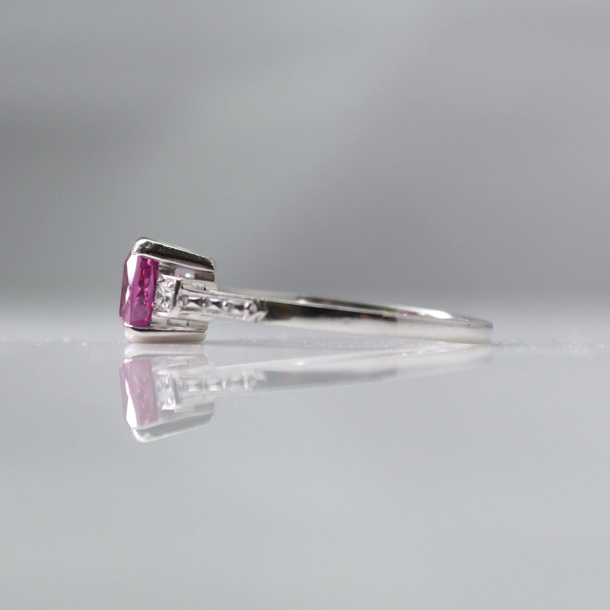 Art Deco Pink Sapphire and Diamond Solitaire Ring