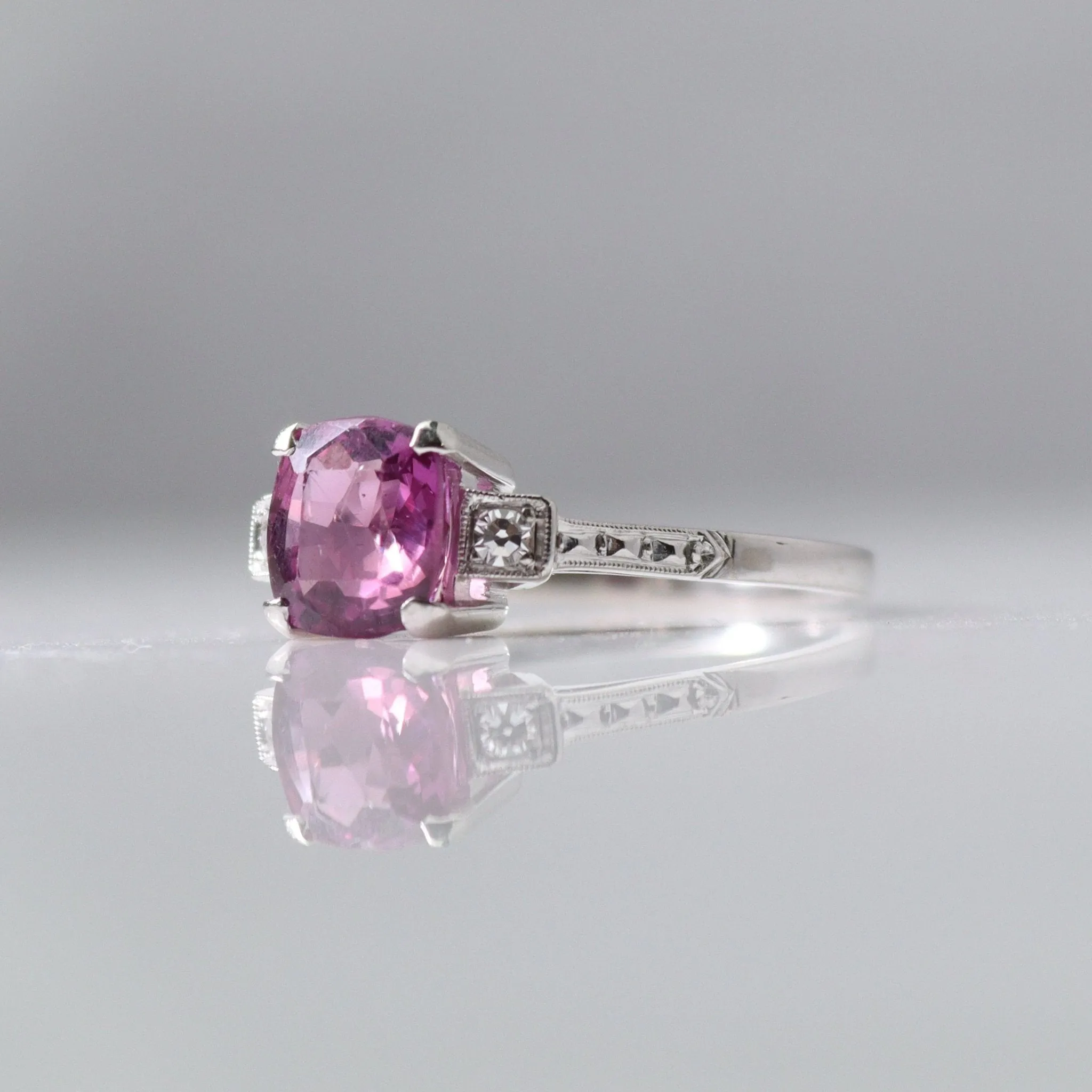 Art Deco Pink Sapphire and Diamond Solitaire Ring