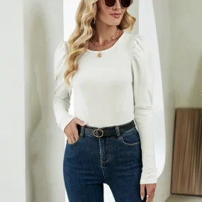 BerriesJam - 2024Plain O-neck Slim Puff Sleeve Breasted Button Cuffs Tee