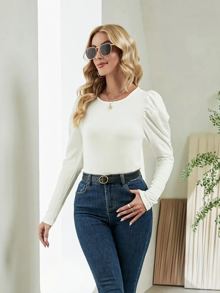 BerriesJam - 2024Plain O-neck Slim Puff Sleeve Breasted Button Cuffs Tee