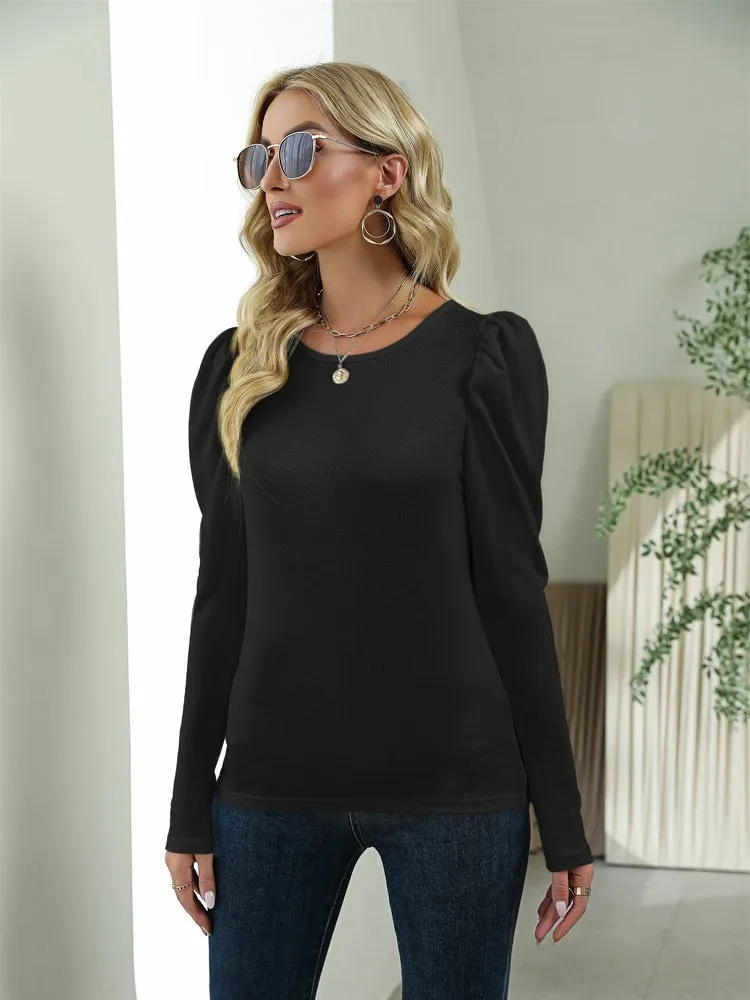 BerriesJam - 2024Plain O-neck Slim Puff Sleeve Breasted Button Cuffs Tee