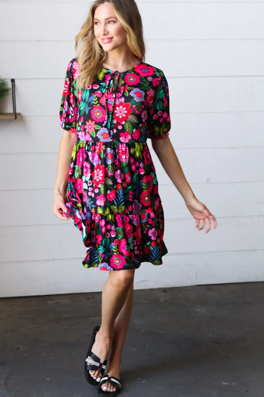 Black & Fuchsia Flat Floral Tiered Front Tie Pocketed Dress