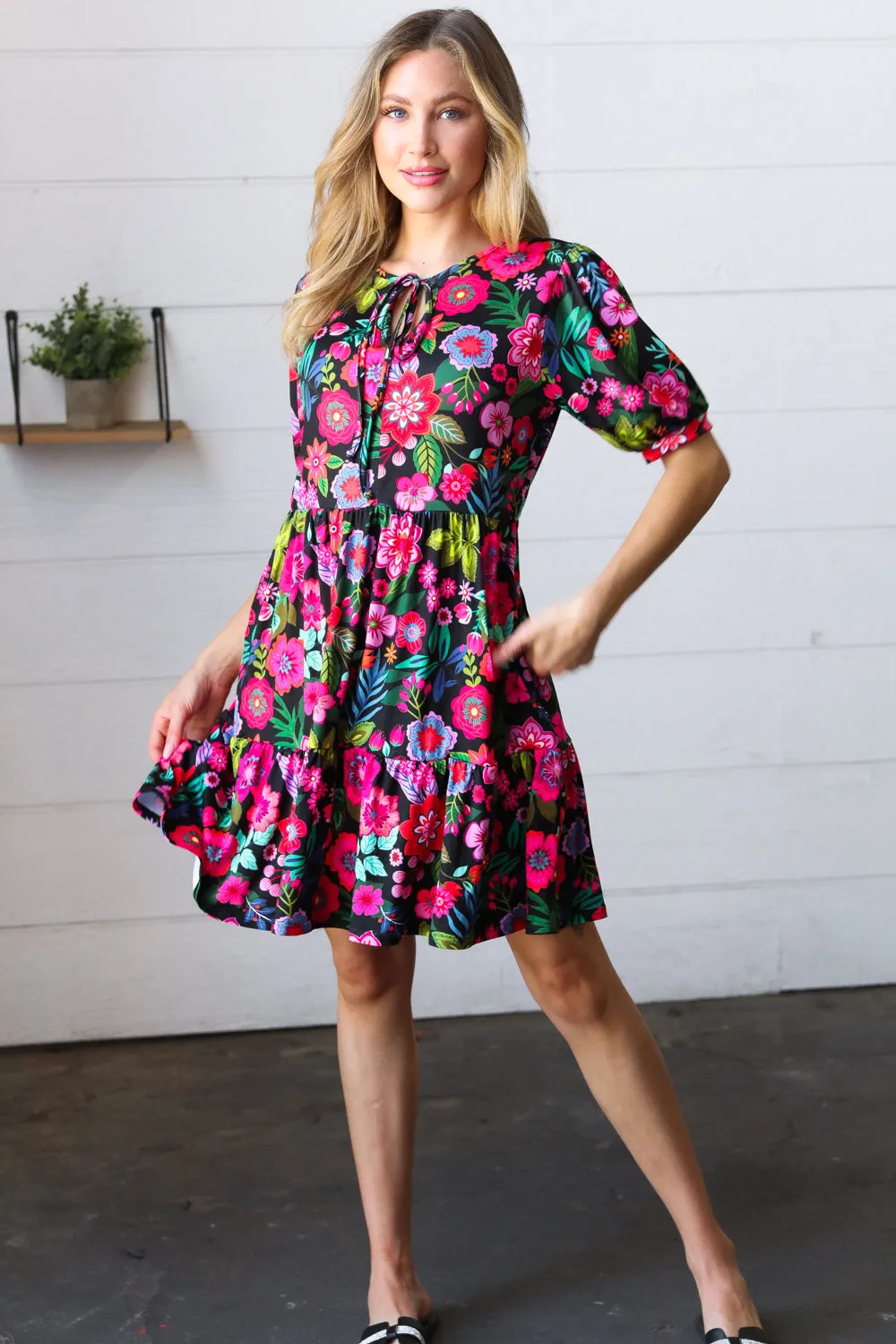 Black & Fuchsia Flat Floral Tiered Front Tie Pocketed Dress