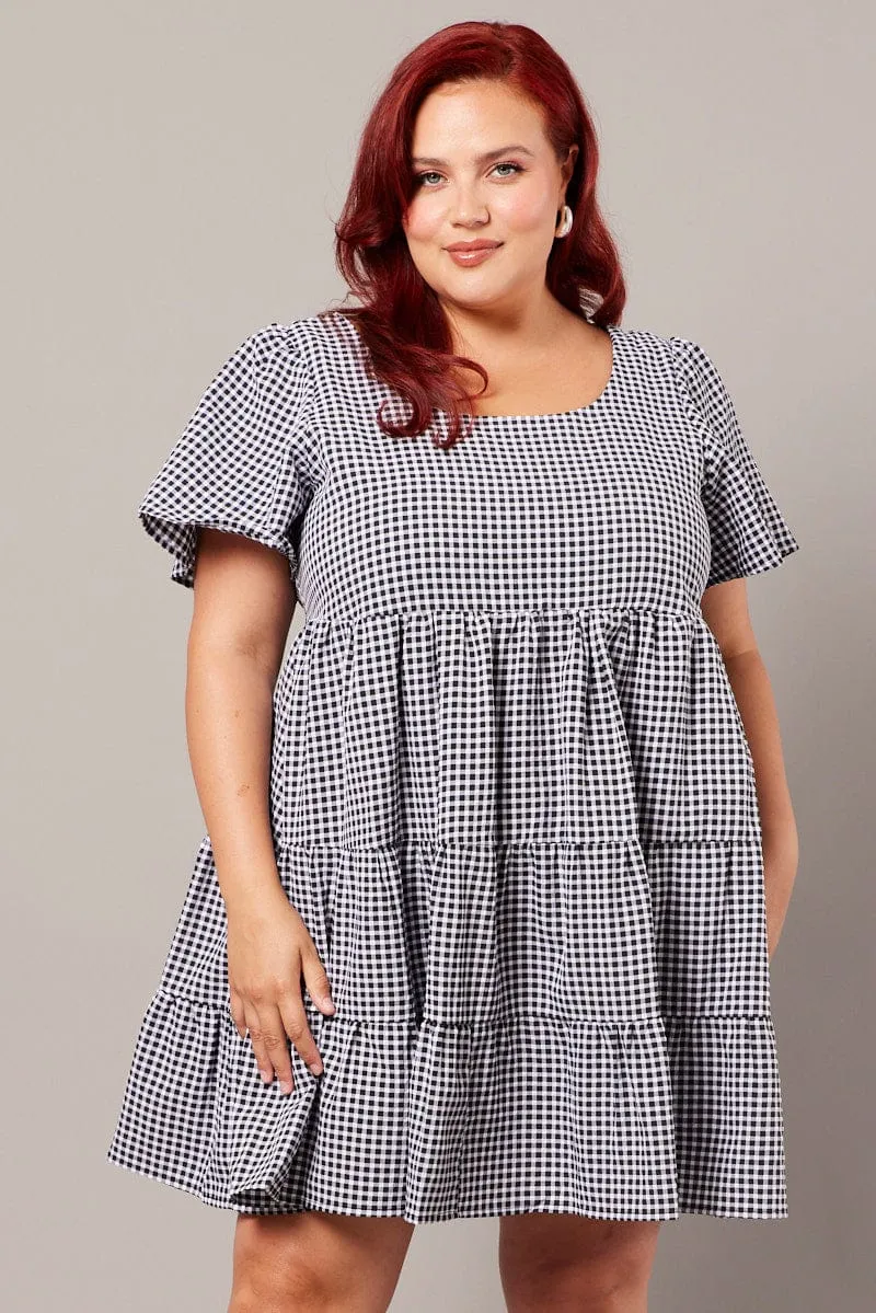 Black Check Smock Dress Flare Sleeve Tiered Round Neck