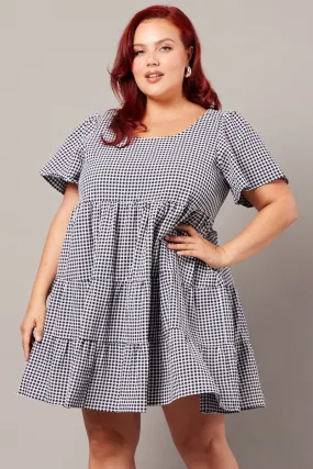 Black Check Smock Dress Flare Sleeve Tiered Round Neck