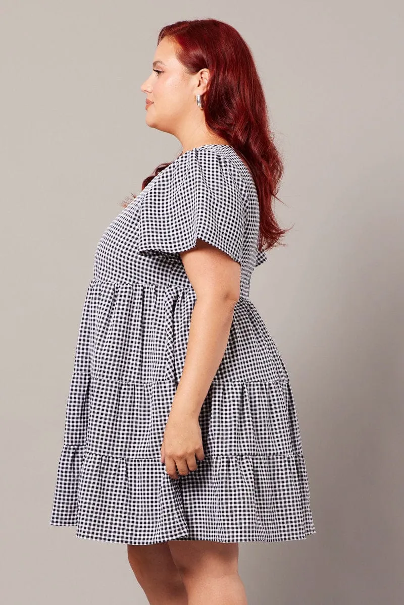 Black Check Smock Dress Flare Sleeve Tiered Round Neck