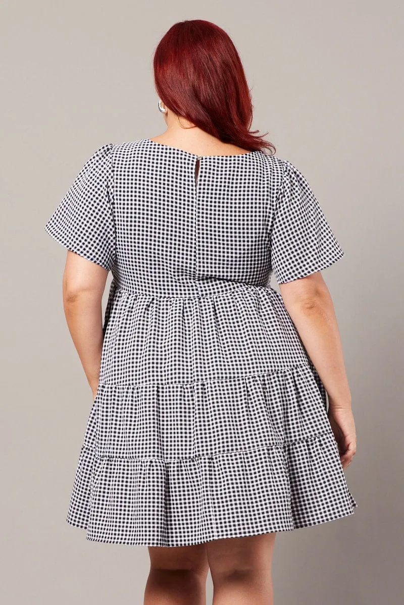 Black Check Smock Dress Flare Sleeve Tiered Round Neck