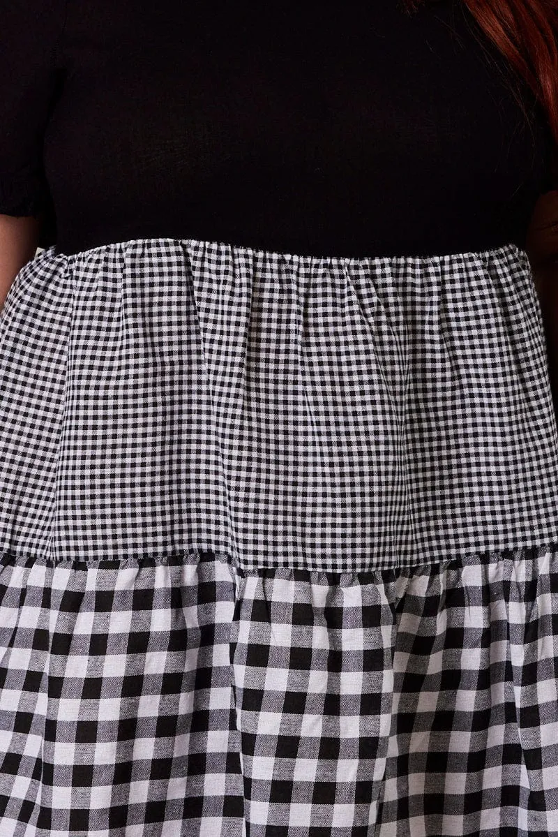 Black Check Smock Dress Short Sleeve Tiered