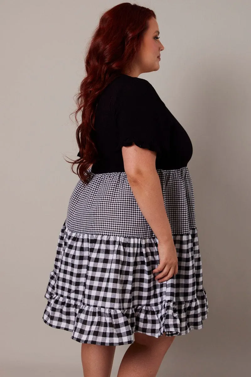 Black Check Smock Dress Short Sleeve Tiered